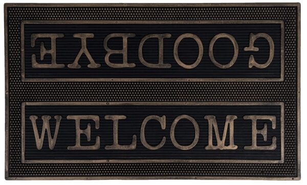 Rubberen deurmat met Welcome / Goodbye in brons